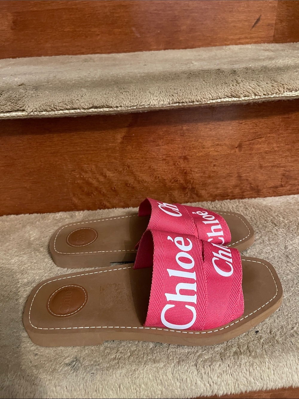 Authentic ChloΓ© Pink Logo Slide Sandals Size 38 U.S. 7.5 Like New Condition